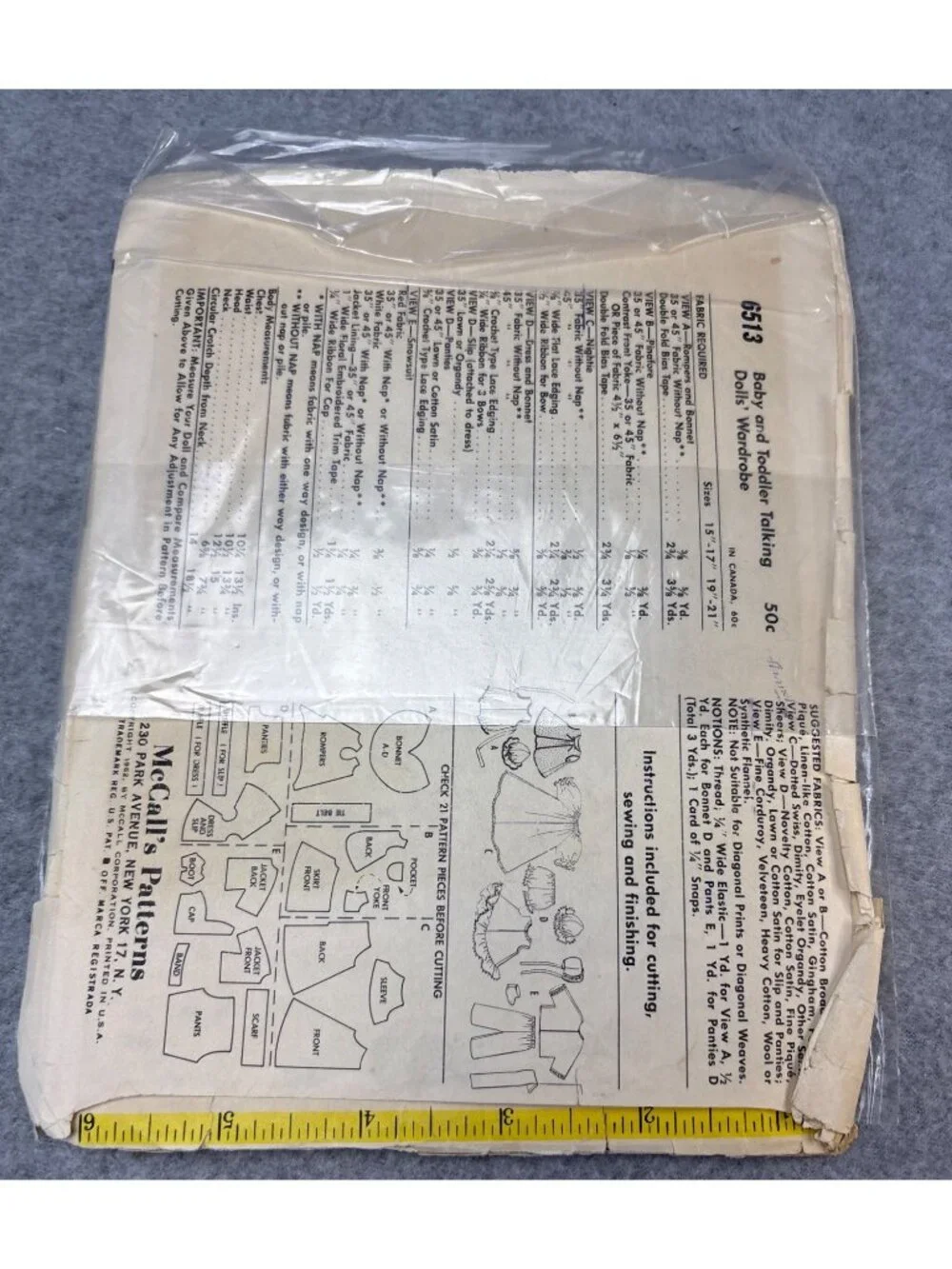 McCalls 6513 Baby Toddler Dolls Wardrobe Pattern Size 19